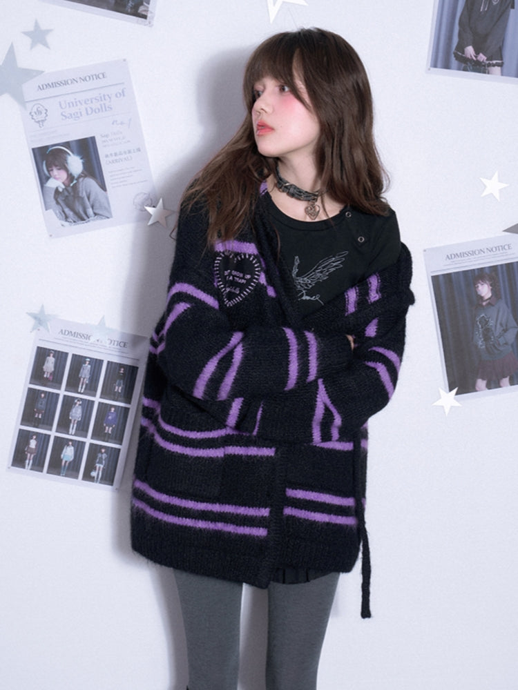 Black & Purple Striped Hooded Sweater Coat