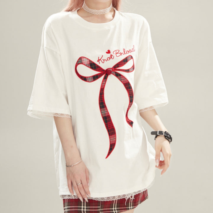 Bow Embroidery Lace Trim Short-Sleeve T-Shirt