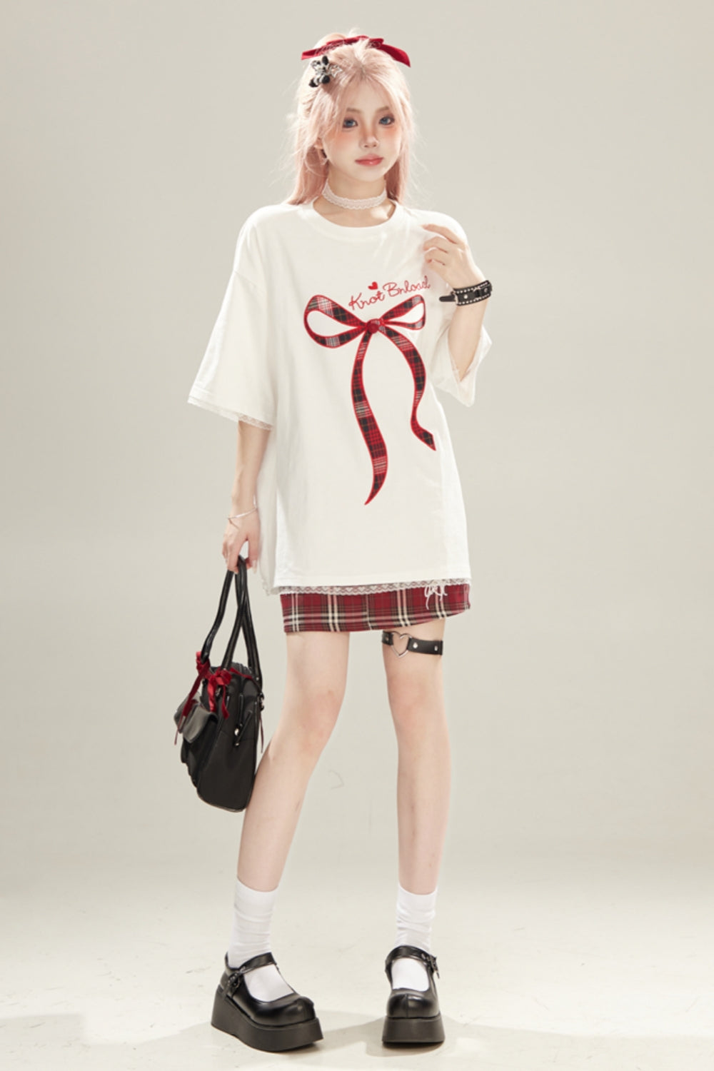 Bow Embroidery Lace Trim Short-Sleeve T-Shirt