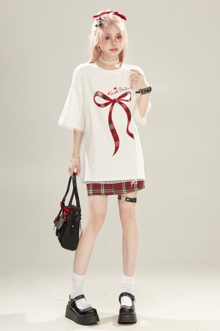 Bow Embroidery Lace Trim Short-Sleeve T-Shirt