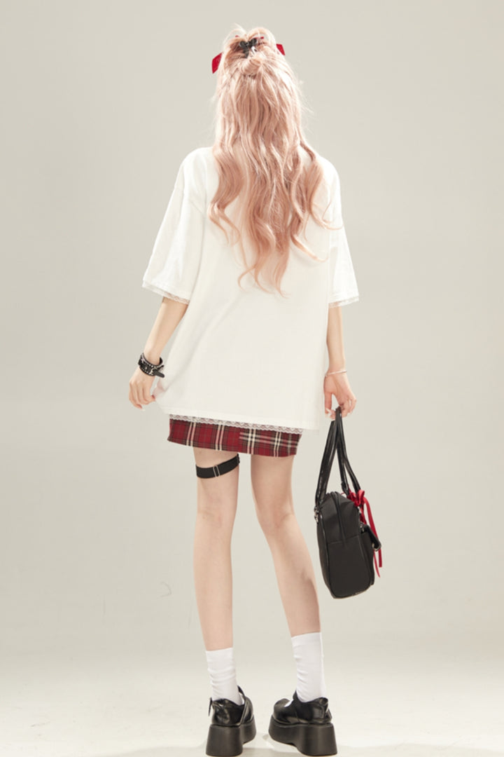 Bow Embroidery Lace Trim Short-Sleeve T-Shirt