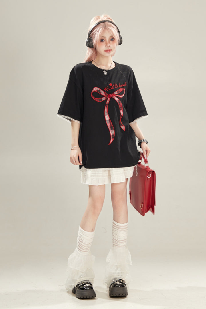 Bow Embroidery Lace Trim Short-Sleeve T-Shirt