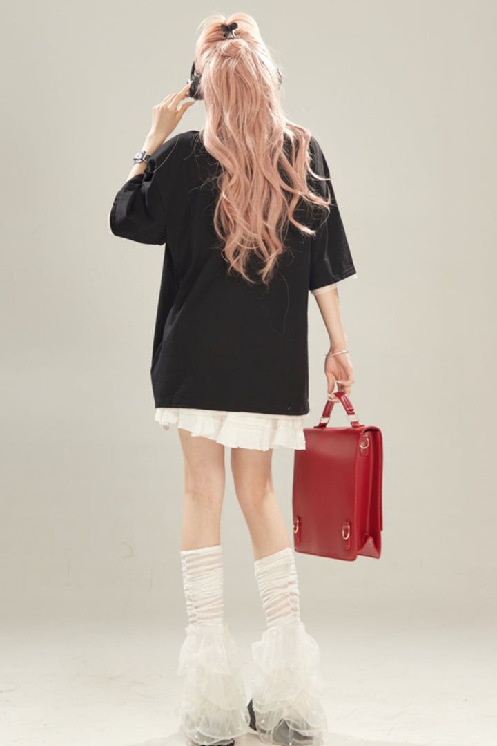 Bow Embroidery Lace Trim Short-Sleeve T-Shirt