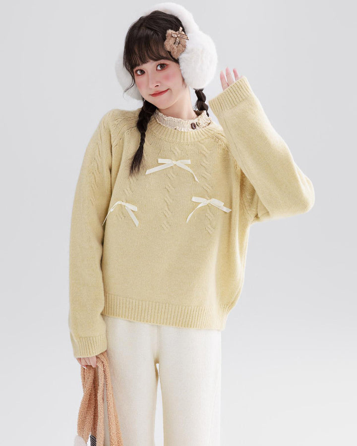 Bow Lazy Knit Sweater Winter Cozy Light Yellow/White/Blue
