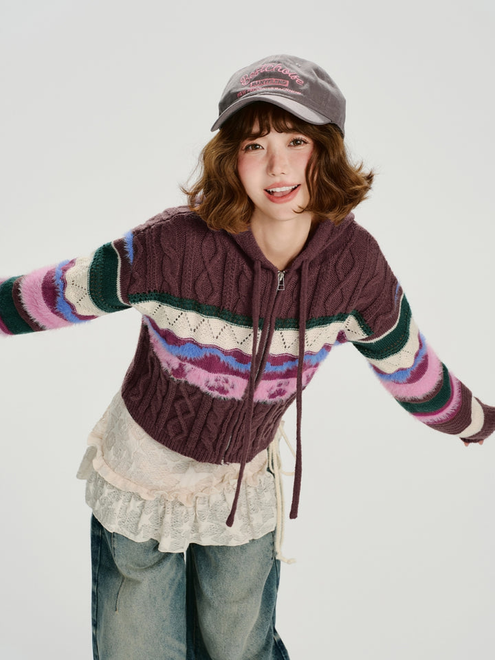 Colorful Zip-Up Hooded Sweater Top