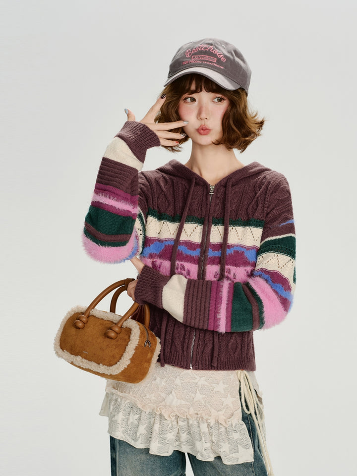 Colorful Zip-Up Hooded Sweater Top