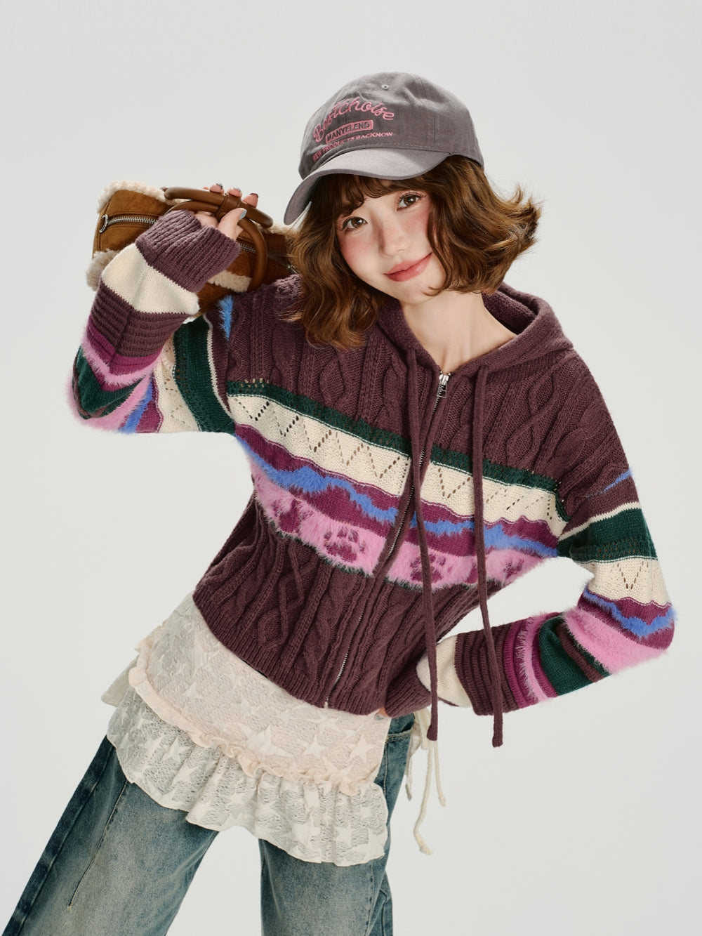 Colorful Zip-Up Hooded Sweater Top