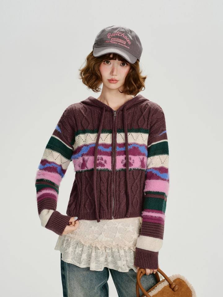 Colorful Zip-Up Hooded Sweater Top