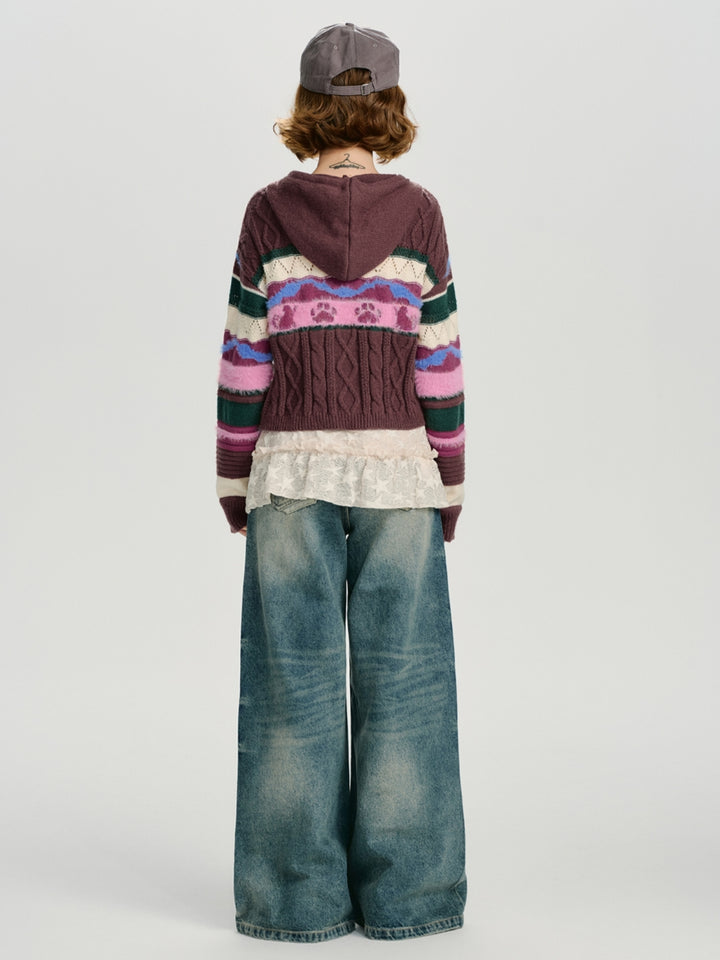 Colorful Zip-Up Hooded Sweater Top