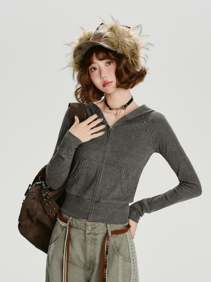 Cropped Hooded Knit Sweater in Grey