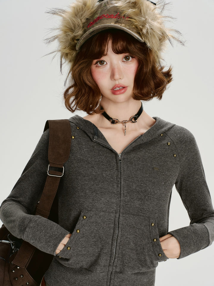 Cropped Hooded Knit Sweater in Grey