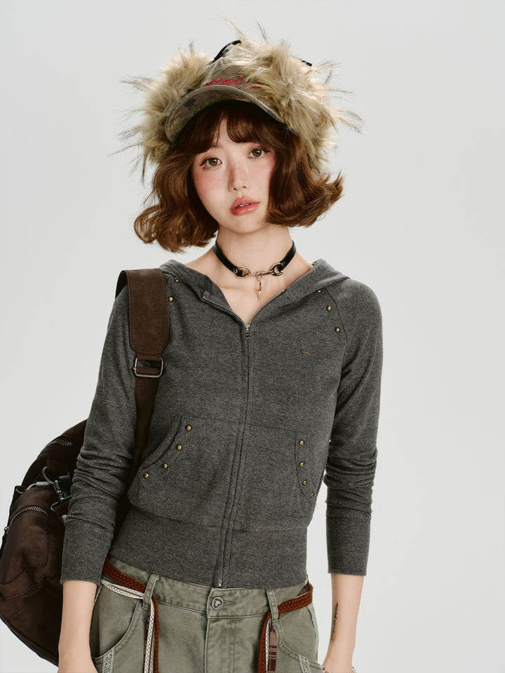 Cropped Hooded Knit Sweater in Grey