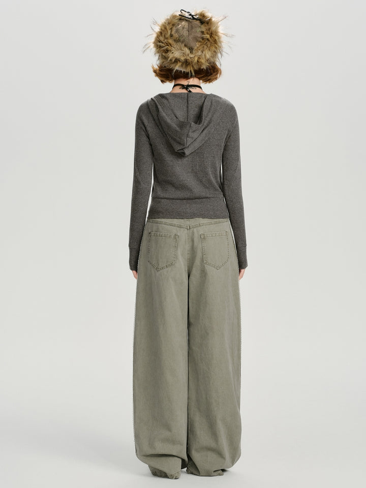 Cropped Hooded Knit Sweater in Grey