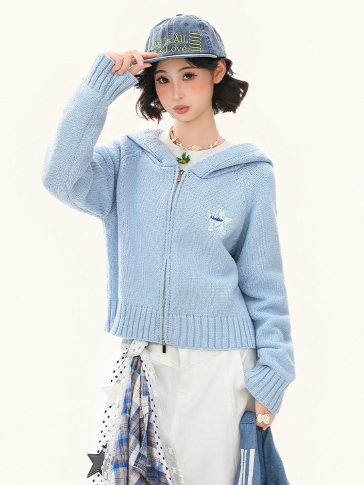 Cropped Zip Up Hoodie - Solid Color Knit Jacket for Women