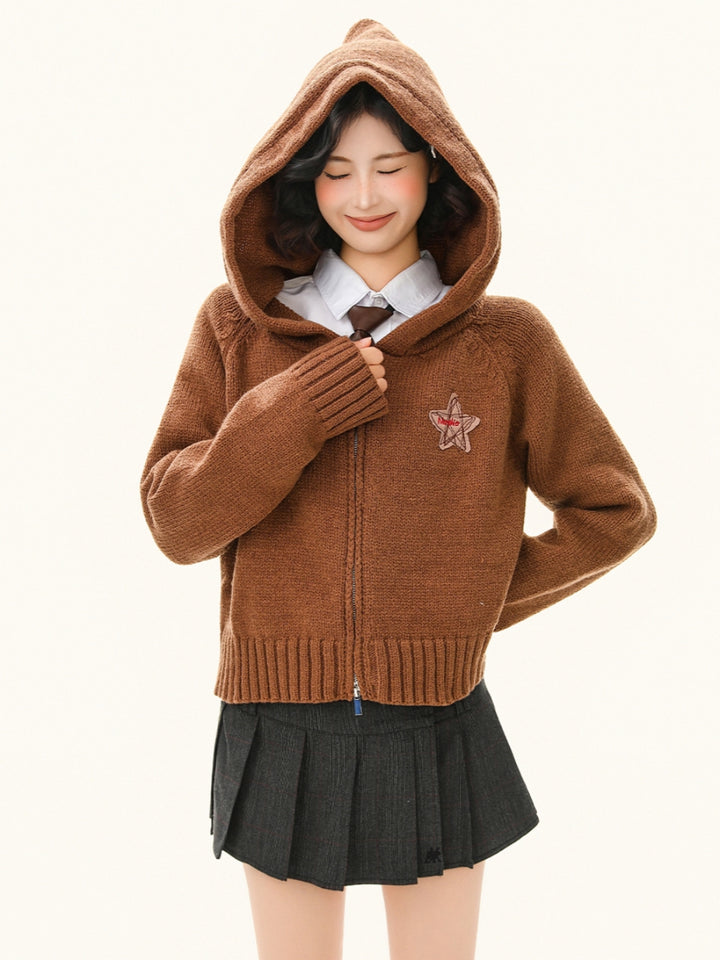 Cropped Zip Up Hoodie - Solid Color Knit Jacket for Women