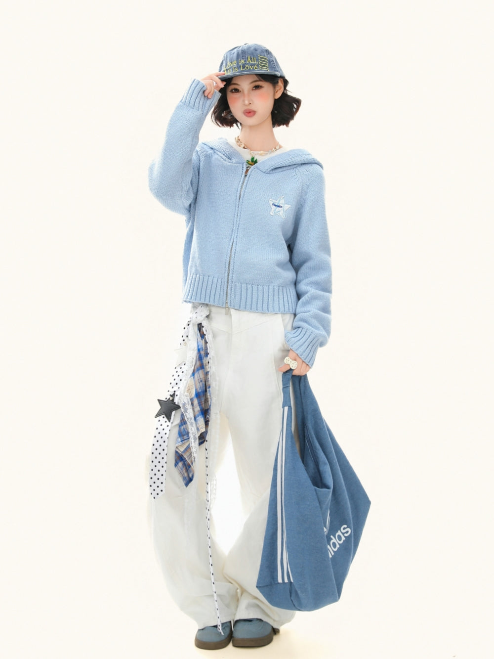 Cropped Zip Up Hoodie - Solid Color Knit Jacket for Women