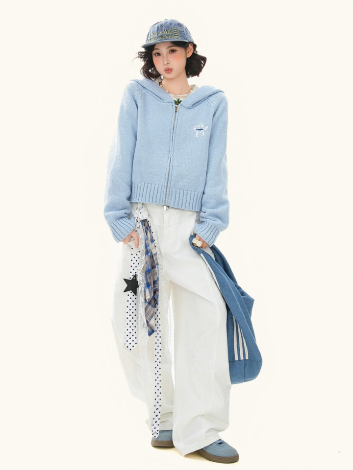 Cropped Zip Up Hoodie - Solid Color Knit Jacket for Women