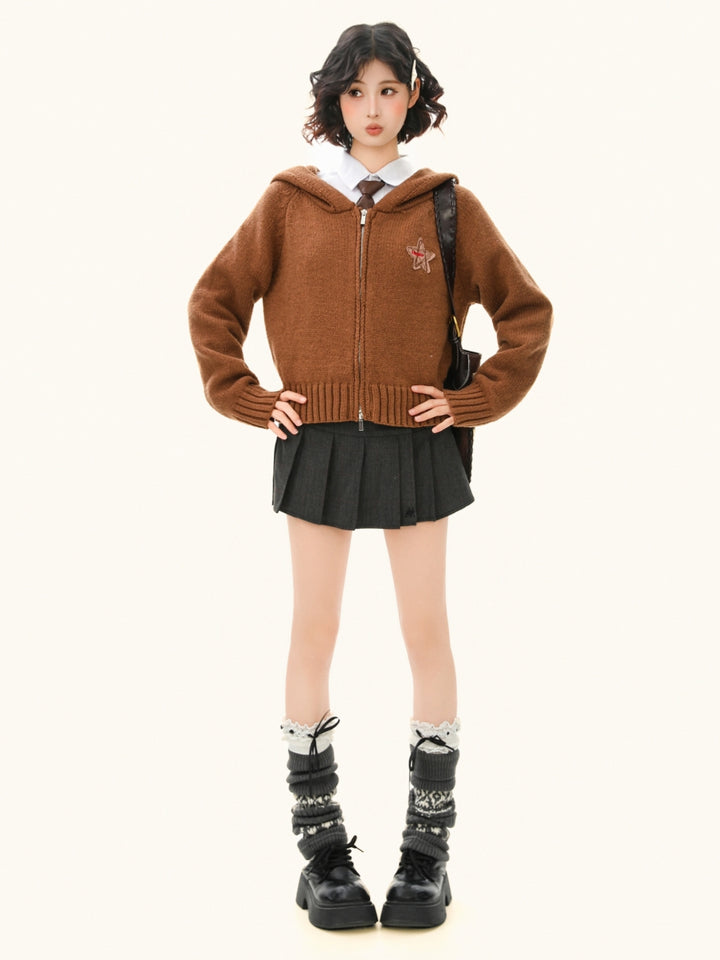 Cropped Zip Up Hoodie - Solid Color Knit Jacket for Women