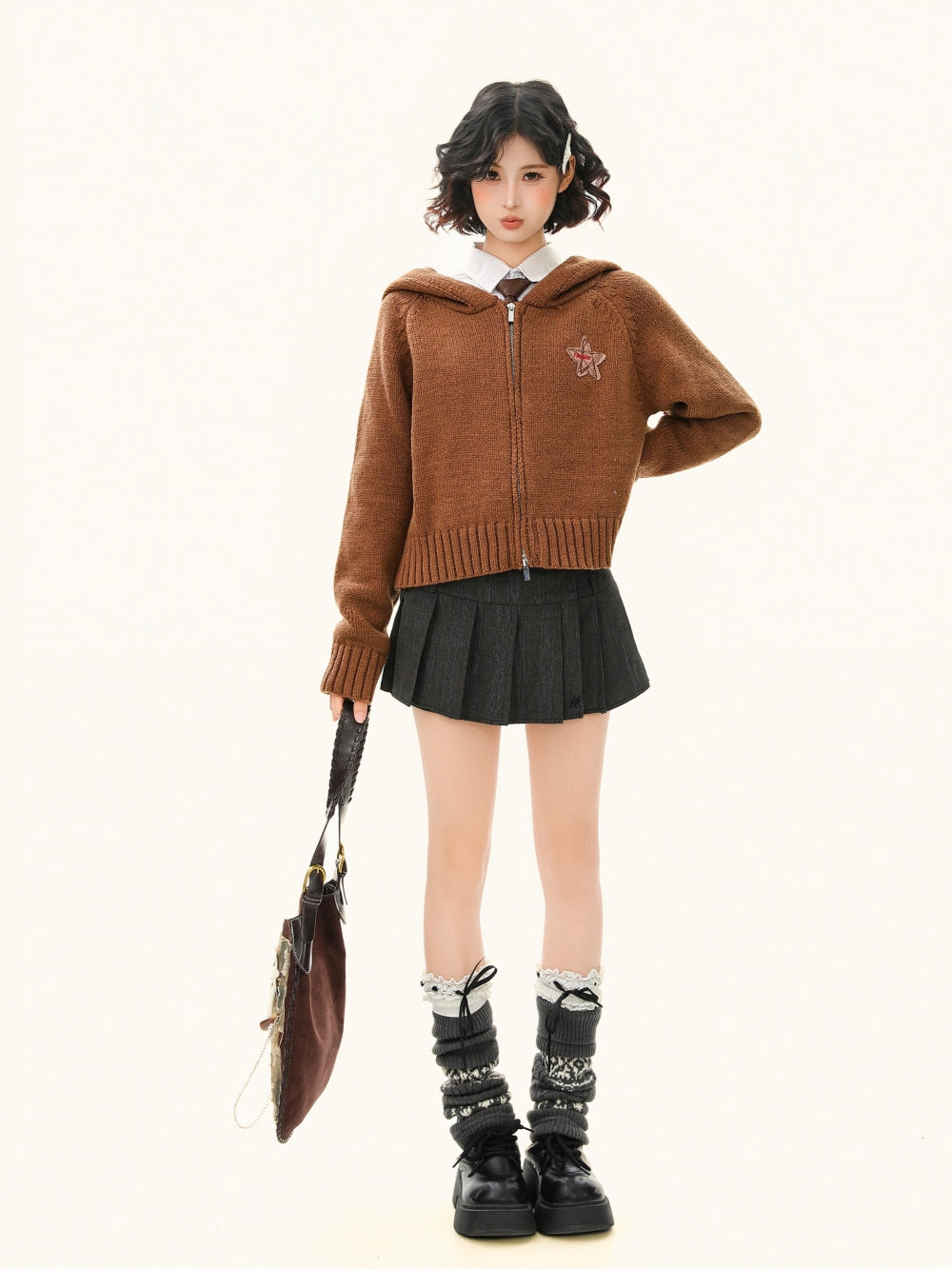 Cropped Zip Up Hoodie - Solid Color Knit Jacket for Women
