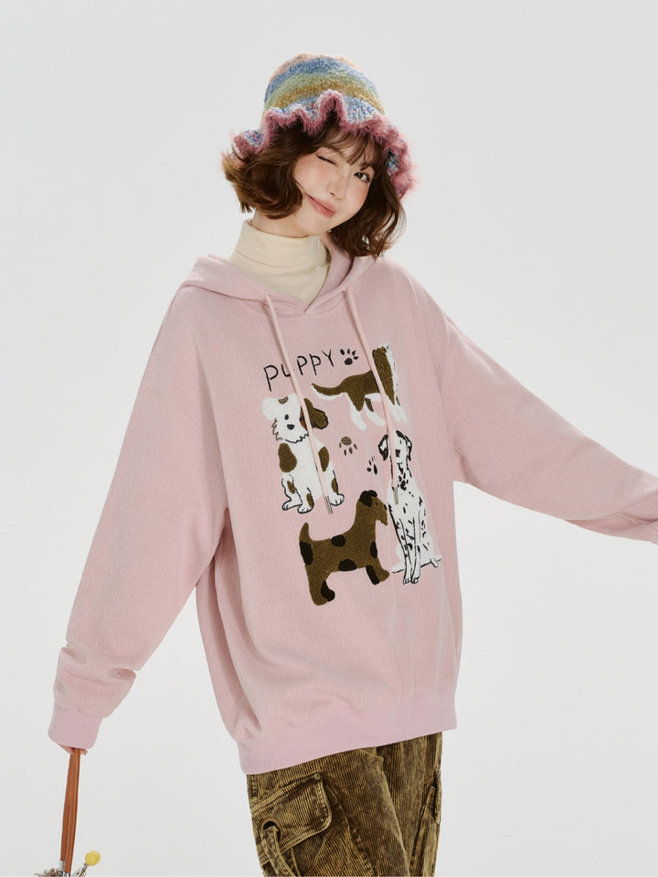 Cute Dog Design Embroidered Hoodie Top