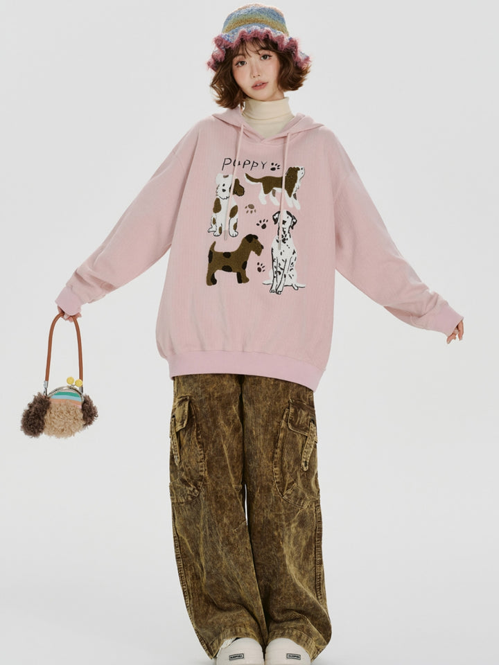 Cute Dog Design Embroidered Hoodie Top