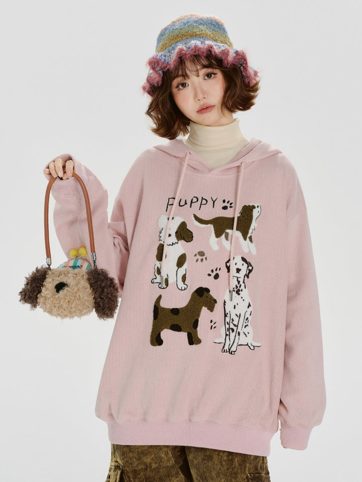 Cute Dog Design Embroidered Hoodie Top