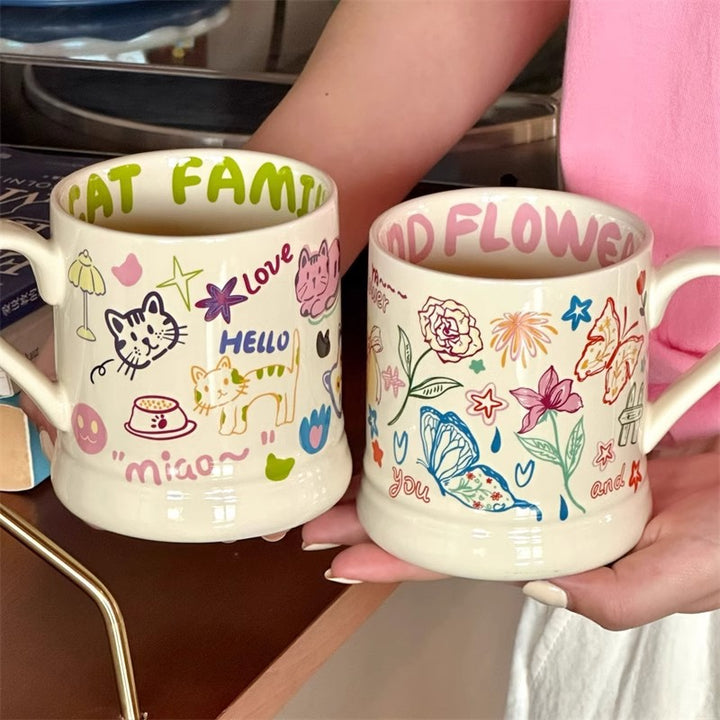 Cute Graffiti Butterfly and Cat Cream Ceramic Mug