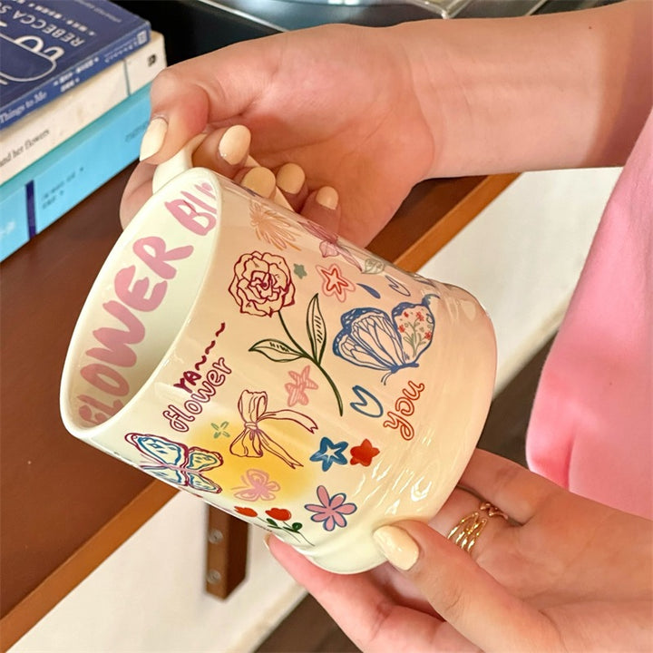 Cute Graffiti Butterfly and Cat Cream Ceramic Mug