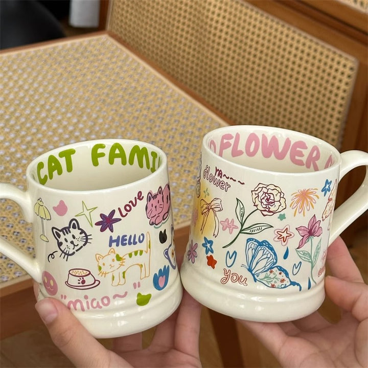 Cute Graffiti Butterfly and Cat Cream Ceramic Mug