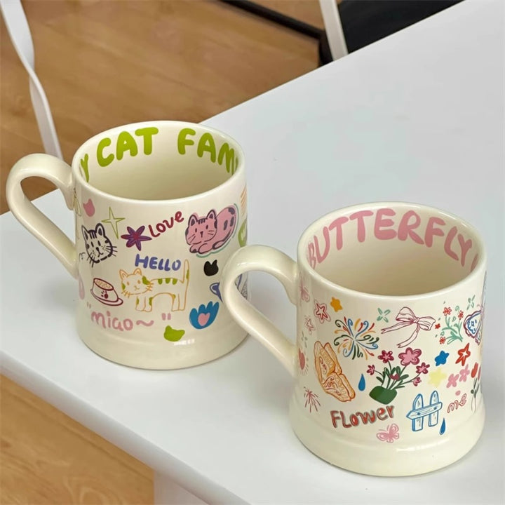 Cute Graffiti Butterfly and Cat Cream Ceramic Mug