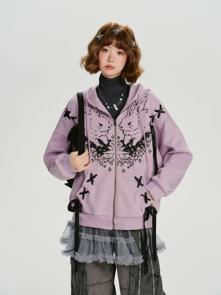 Cute Rabbit Printed Zip-Up Hoodie Top