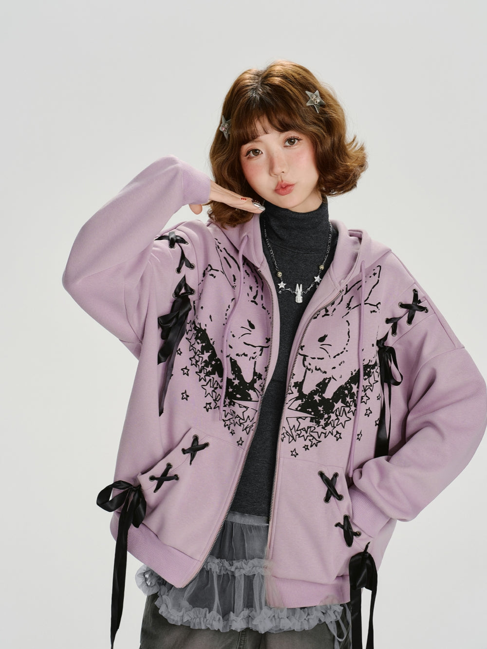 Cute Rabbit Printed Zip-Up Hoodie Top