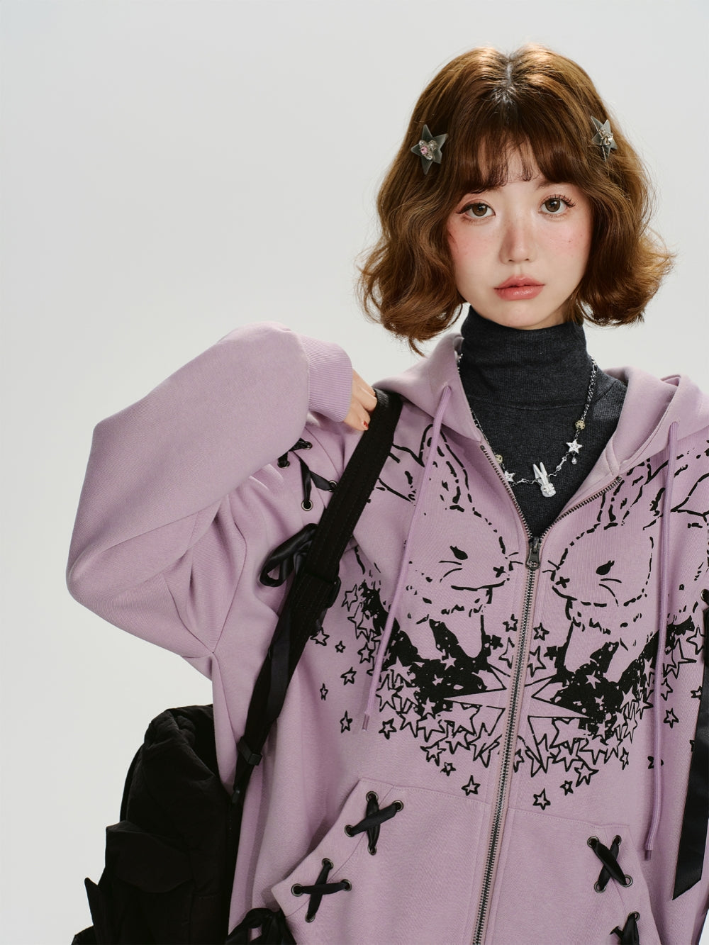 Cute Rabbit Printed Zip-Up Hoodie Top