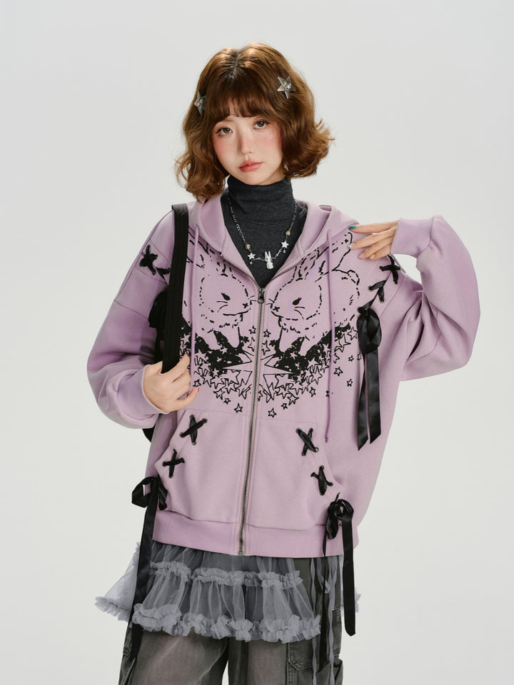 Cute Rabbit Printed Zip-Up Hoodie Top