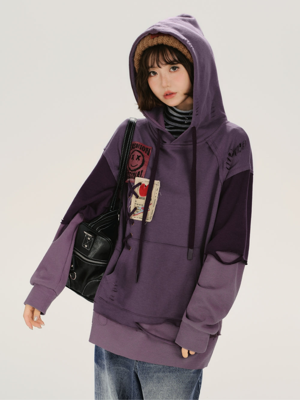 Distressed Rip Detail Fake Two-Piece Hoodie Top