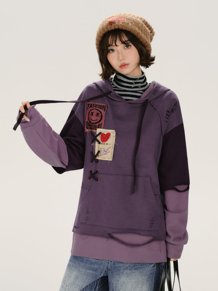 Distressed Rip Detail Fake Two-Piece Hoodie Top