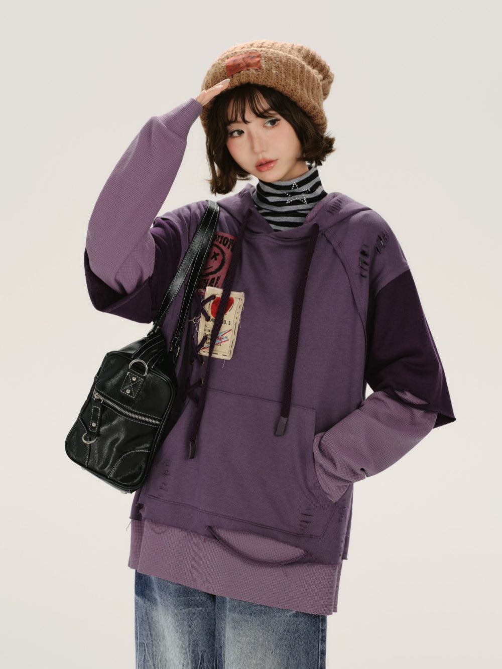 Distressed Rip Detail Fake Two-Piece Hoodie Top