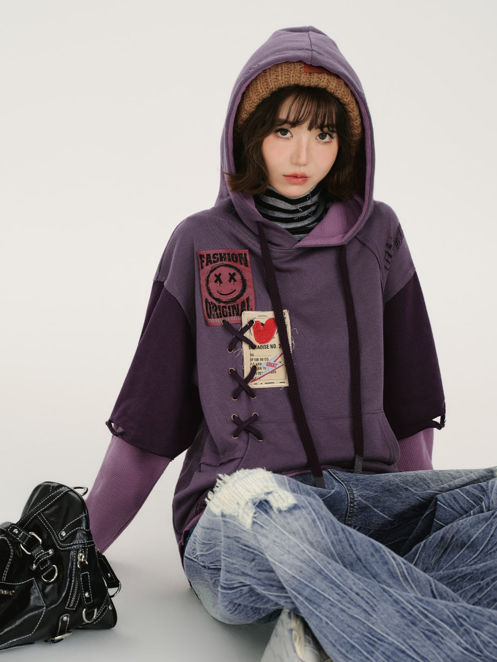Distressed Rip Detail Fake Two-Piece Hoodie Top