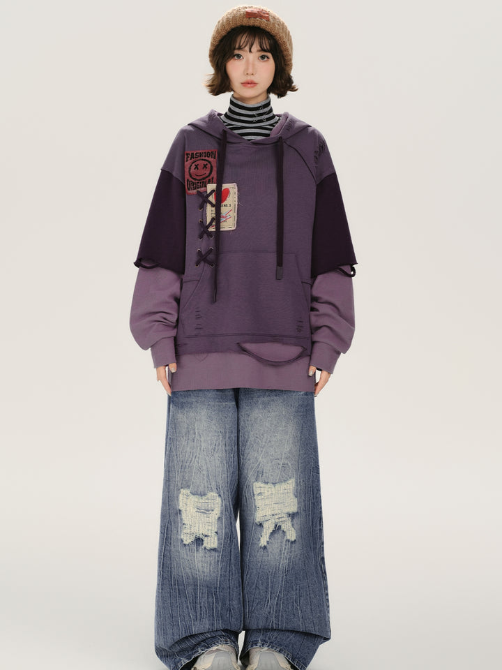 Distressed Rip Detail Fake Two-Piece Hoodie Top