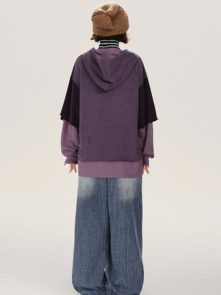 Distressed Rip Detail Fake Two-Piece Hoodie Top