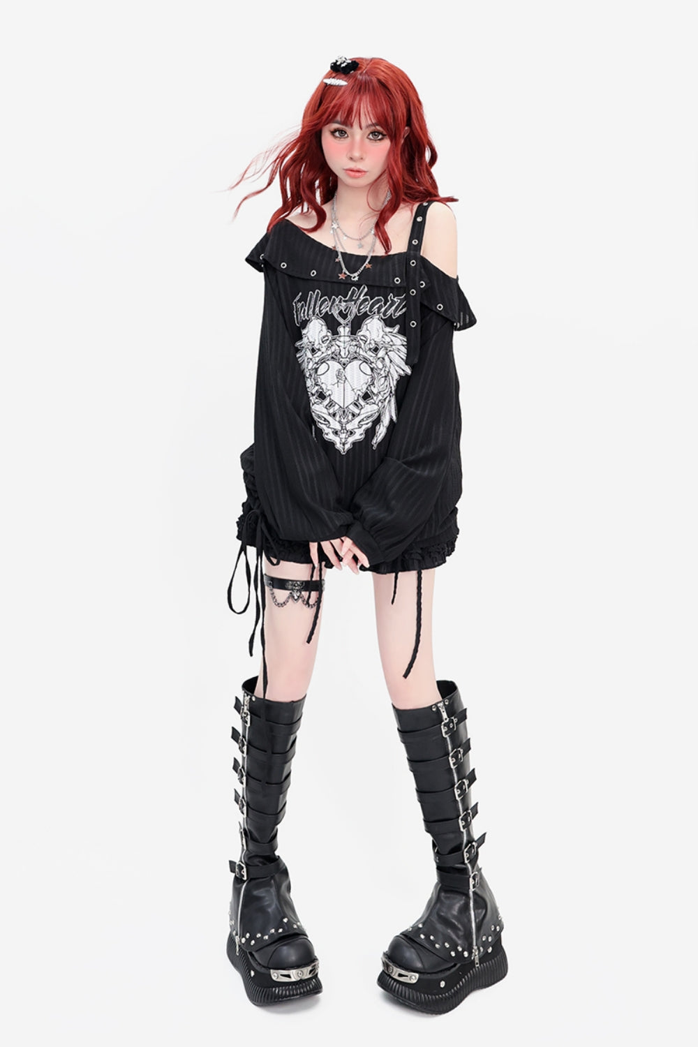 Black Y2K Drawstring Loose-Fit Long Sleeve Asymmetric Off-Shoulder Thin Top for Spring/Autumn