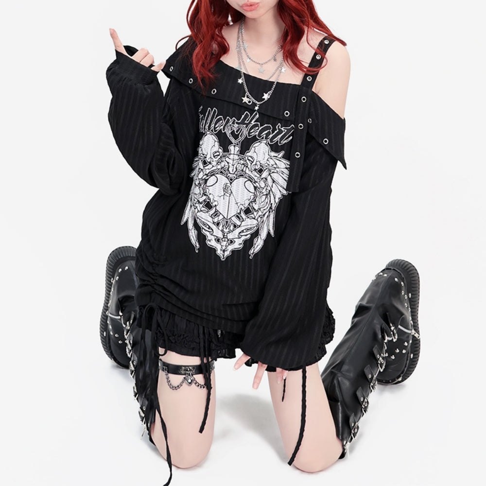 Black Y2K Drawstring Loose-Fit Long Sleeve Asymmetric Off-Shoulder Thin Top for Spring/Autumn