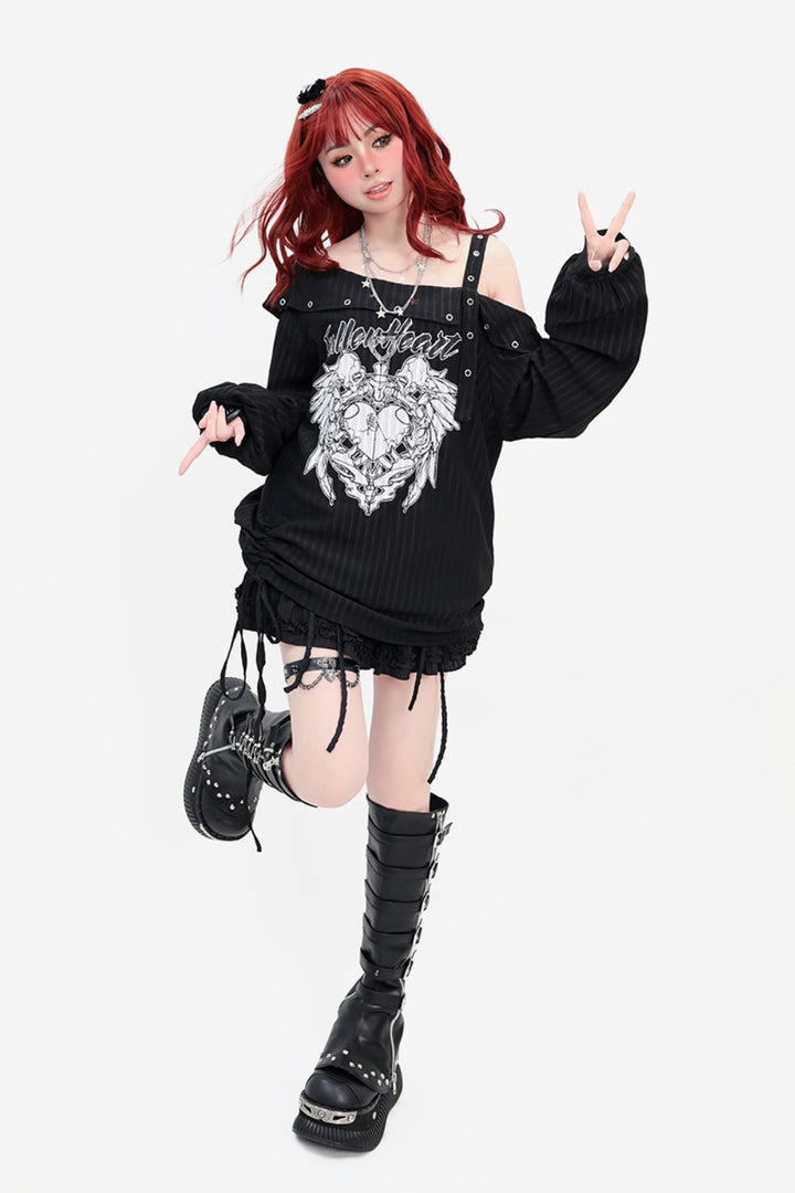 Black Y2K Drawstring Loose-Fit Long Sleeve Asymmetric Off-Shoulder Thin Top for Spring/Autumn