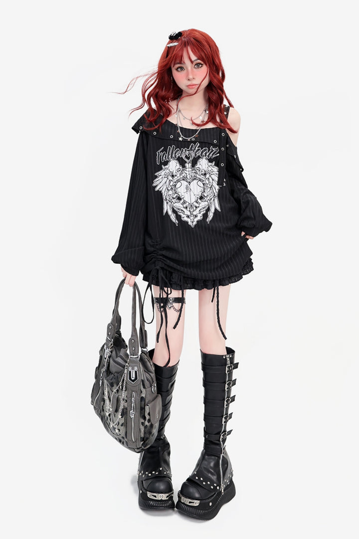 Black Y2K Drawstring Loose-Fit Long Sleeve Asymmetric Off-Shoulder Thin Top for Spring/Autumn