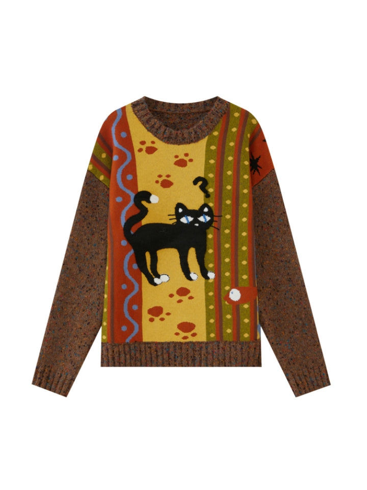 Embroidered Black Cat Knit Sweater