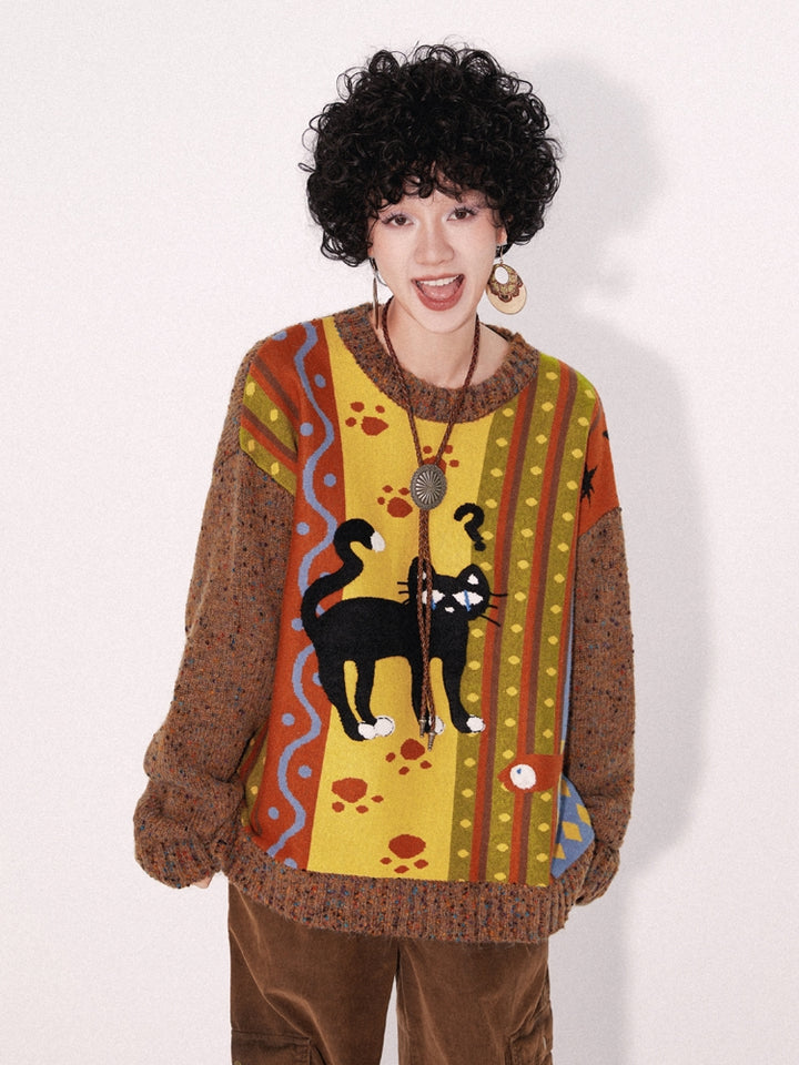 Embroidered Black Cat Knit Sweater