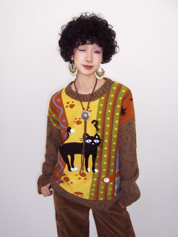 Embroidered Black Cat Knit Sweater