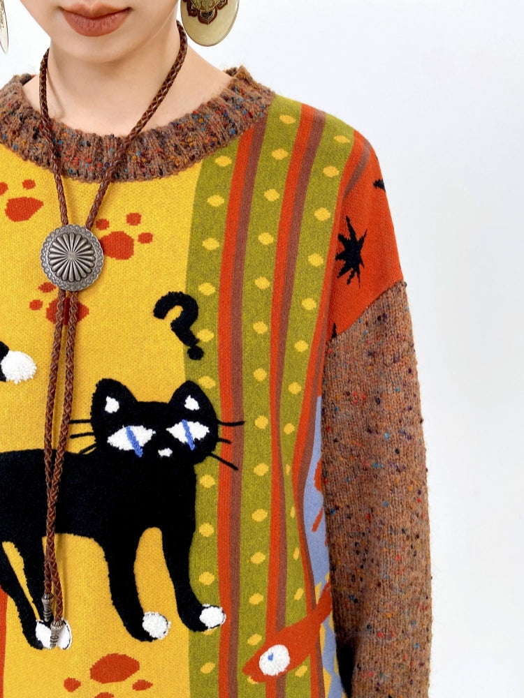Embroidered Black Cat Knit Sweater