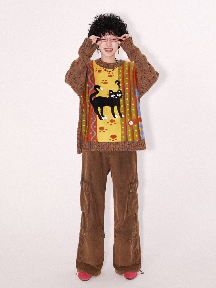 Embroidered Black Cat Knit Sweater