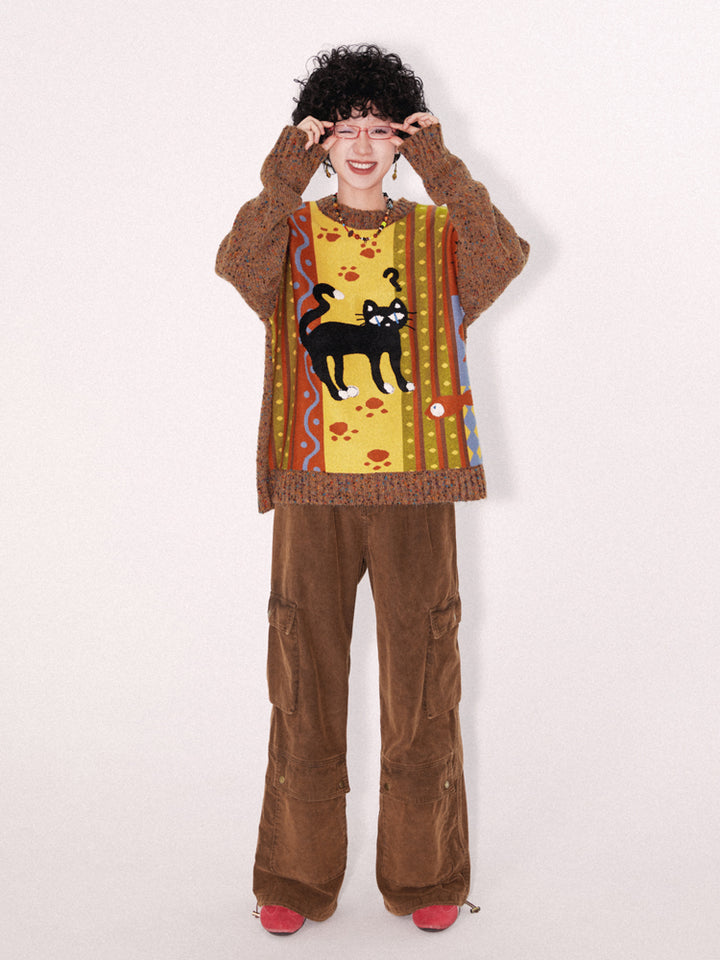 Embroidered Black Cat Knit Sweater